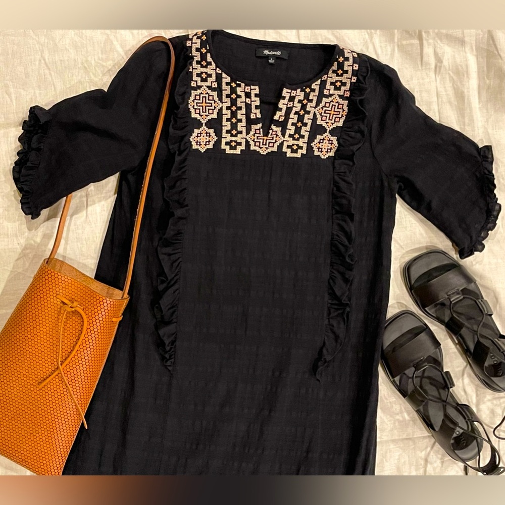 Madewell Mini Dress w Embroidery & Ruffle Details | Mid-Length Sleeves